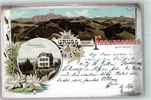 9000 St. Gallen S. Gallo 1901 Gebrauchsspuren Gasthaus Freudenberg Lithographie