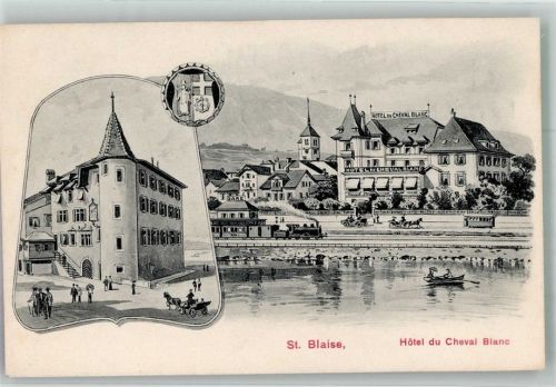 2072 St-Blaise Lithographie / Künstlerkarte Eisenbahn Bahnhof Straßenbahn Hotel du cheval Blanc