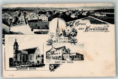 8280 Kreuzlingen Foto AK Hotel zum Löwen Kath. Kirche ref. Kirche