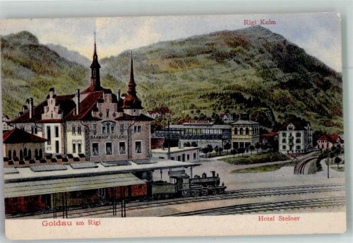 6410 Goldau 1911 Foto AK Bahnhof Eisenbahn Hotel Steiner Rigi Kulm
