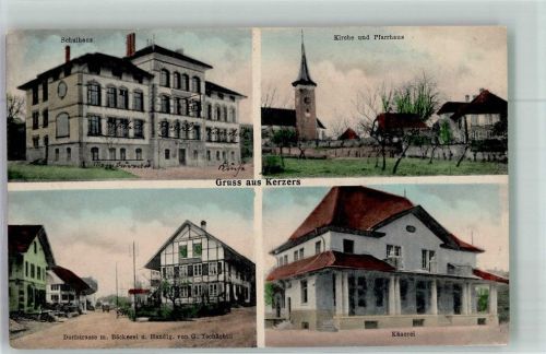 3210 Kerzers Foto AK Handlung Bäckerei dorfstrasse Schulhaus Kirche Käserei