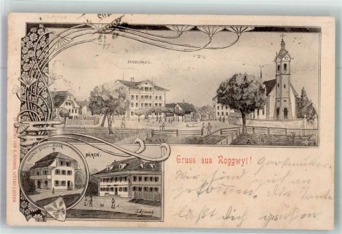 4914 Roggwil BE 1902 Lithographie / Künstlerkarte Bahnpost Zug 81 Nr. 13 Handlung Gasthaus Hotel Bären Kirche