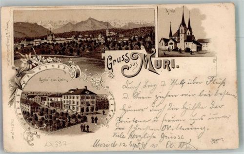 5630 Muri AG 1898 Lithographie Gasthaus zum Löwen Kirche