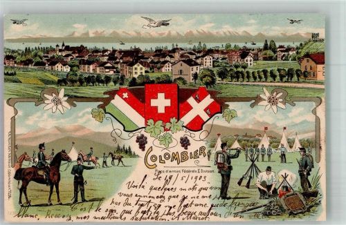 Colombier NE Uniform Place d´armes Féderale II. Division Militär Schweiz 1903 Lithographie