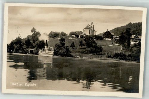 6343 Risch 1928 Foto AK Kirche Dampfschiff Zugersee