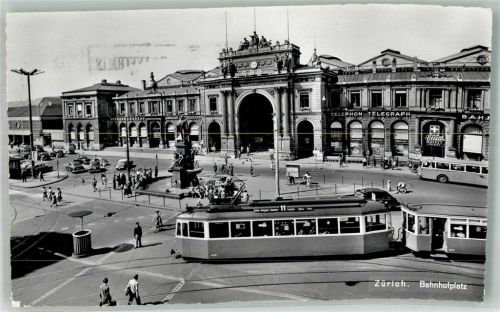 8000 Zürich 1957 - Bahnhof Bahnhofplatz Denkmal Straßenbahn Auto
