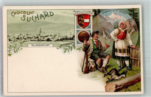 Klagenfurt 01.Bez.:Innere Stadt Wappen v. Kärnthen Tracht Jäger Suchard Schokolade 1899 Lithographie / Mondschein
