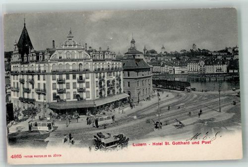 6000 Luzern Lucerne 1906 Foto AK Postamt Hotel St. Gotthard Straßenbahn Kutsche