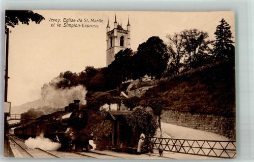 1800 Vevey Foto AK Eisenbahn Simplon-Express Kirche St. Martin