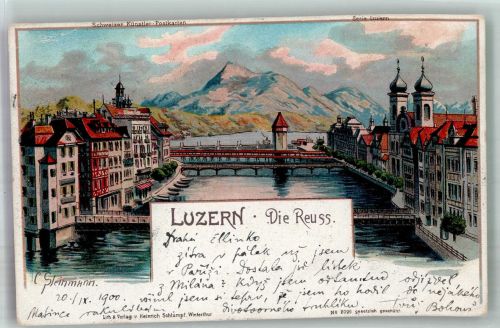 6000 Luzern Lucerne 1900 Gebrauchsspuren sign. Steinmann die Reuss Lithographie Künstlerkarte