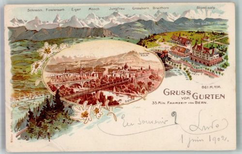 3000 Bern Berne 1902 Gebrauchsspuren Blümlisalp Hotel Gruten Kulm Lithographie großer Bug