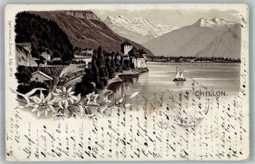 Chillon Chateau 1895 Gebrauchsspuren Eisenbahn Lithographie Vorläufer Mittelbug