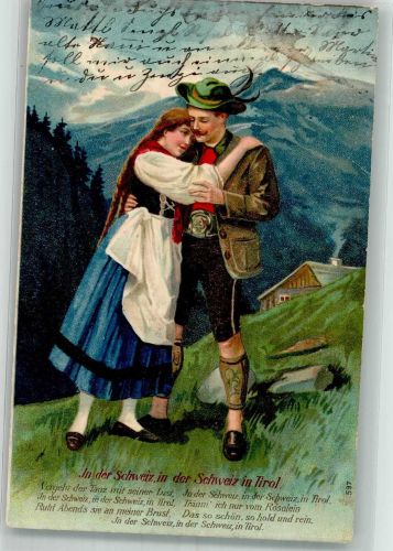 Prägedruck Liebespaar Tracht Schweiz 1907 Gebrauchsspuren