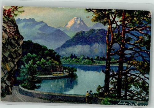 Künstlerkarte sign. Roth Andr. Rechtsufrige Thunerseebahn Blick zu Eiger