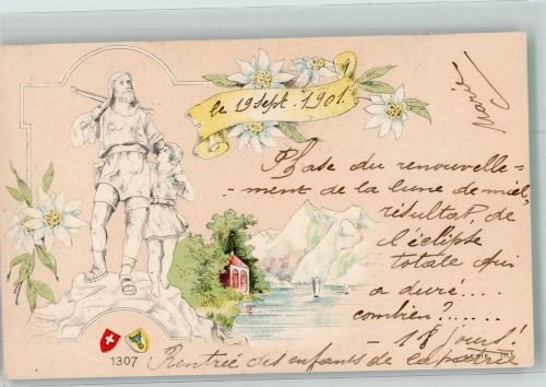Wilhelm Tell mit Sohn vor Gebirgslandschaft Edelweiss Motiv Schweiz 1901 Prägedruck