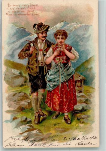 Verliebtes Paar in Tracht vor Hochgebirgskulisse Pfeife Poesie / Liebe Tracht Schweiz 1906 Prägedruck