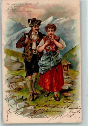 Verliebtes Paar in Tracht vor Hochgebirgskulisse Pfeife Poesie / Liebe Tracht Schweiz 1906 Prägedruck