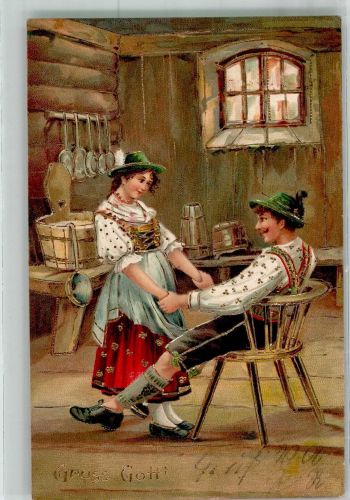 Junges Paar in alpenländischer Tracht in der Bauernstube Poesie / Liebe Tracht Schweiz 1905 Prägedruck