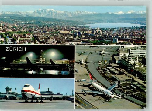 8302 Kloten 1990 Foto AK Panorama der Stadt Jets der Swissair Fotograf Baumann Sonderstempel
