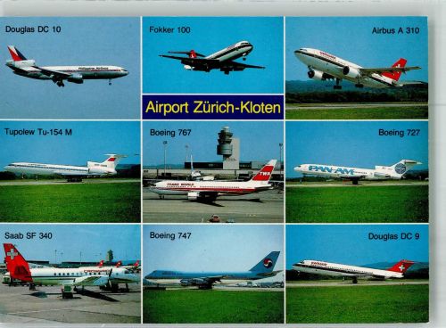 8302 Kloten 1990 Sonderstempel Flugzeuge Douglas DC 10 Fokker 100 Airbus A 310 Tupolew Tu-154 Boing 767 Boing 727 Saab SF 340 Boing 747 Douglas DC 9