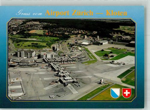 8302 Kloten 1989 Foto AK Fliegeraufnahme des Flughafens Stempel Automobil-Postbüro