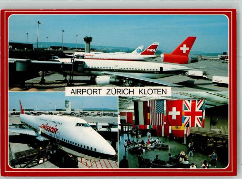 8302 Kloten 1989 Foto AK Passagierjets der Swissair und TWA Photoglob 13864 Stempel Automobil-Postbüro