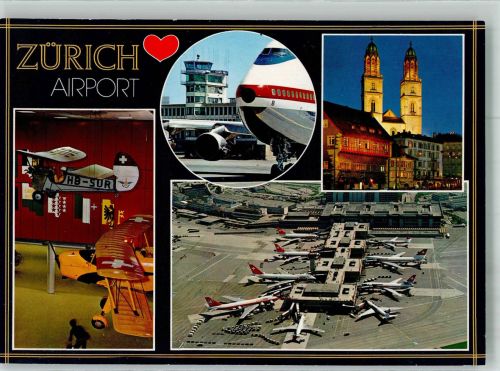 8302 Kloten 1990 Foto AK Fliegeraufnahme des Flughafens Doppeldecker Großmünsterkirche Fotograf Baumann Sonderstempel