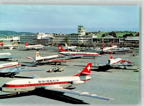 8302 Kloten 1990 Foto AK Jets der Swissair auf dem Rollfeld Fotograf Baumann Sonderstempel