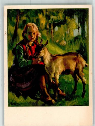 sign. Hodel Mädchen mit einer Ziege Pro Juventute Schweiz 1928 Künstlerkarte