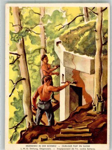 sign. Coulon Soldaten versehen Bunker mit Tarnanstrich Militär Schweiz Künstlerkarte