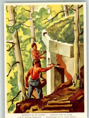 sign. Coulon Soldaten versehen Bunker mit Tarnanstrich Militär Schweiz Künstlerkarte