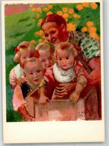 Frau mit vier Kindern Bundesfeierkarte Für notleidende Mütter Bundesfeier / Pro Patria Schweiz 1951 Künstlerkarte