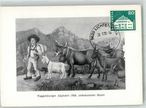 9620 Lichtensteig Künstlerkarte Toggenburger Alpfahrt Ziege Kühe Esel