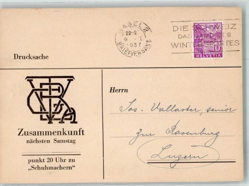 Basel Bâle Einladung zu einer Zusammenkunft bei Schuhmachern Ort lt. Stempel Motiv Schweiz 1937