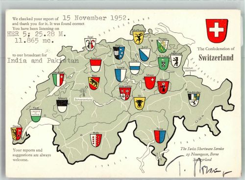 Karte der Schweiz mit den Wappen der Kantone Motiv Schweiz 1952 Künstlerkarte