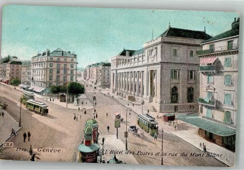 1200 Genève Genf Foto AK Postamt Straßenbahn Rue du Mont Blanc