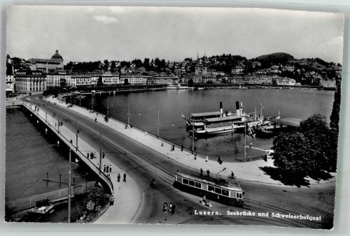 6000 Luzern Lucerne Foto AK Seebrücke Schweizerhofquai Straßenbahn Dampfschiffe
