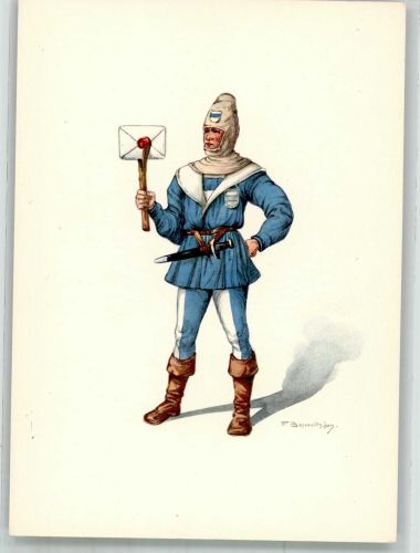 6300 Zug Zugo Lithographie / Künstlerkarte Ausstellung PTT Museum Standesläufer von Zug 15. Jh