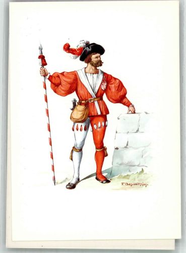 6000 Luzern Lucerne Lithographie / Künstlerkarte Ausstellung PTT Museum Standesläufer von Luzern 16.Jh