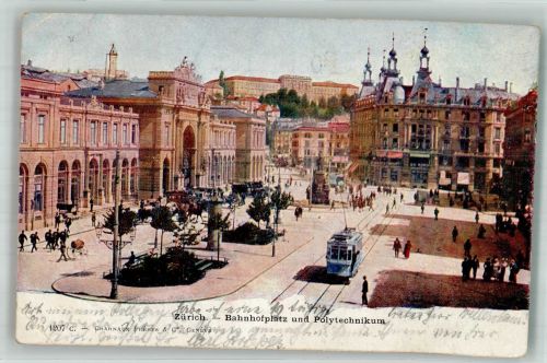 8000 Zürich 1904 Gebrauchsspuren Bahnhof-Platz Polytechnikum Straßenbahn