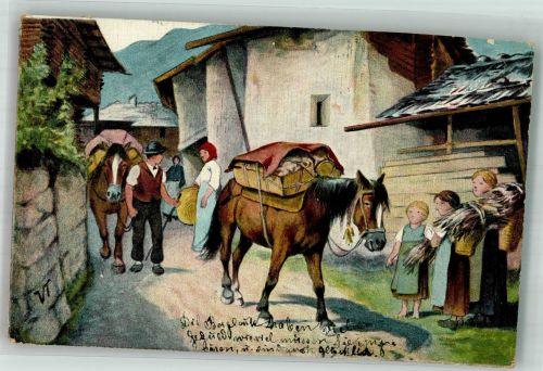 3792 Saanen 1906 Lithographie Packpferde Wanderer Dorfstrasse