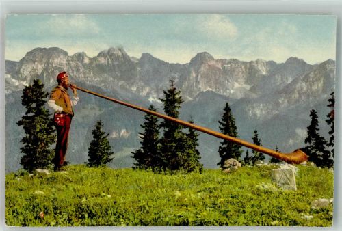 1446 Baulmes Foto AK Tracht Alphornbläser Ort lt. Verlag