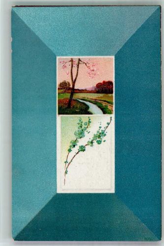 Kleiner Bach in Frühlingslandschaft Jugendstil Werbung Chocolade Manner Wien Schokolade Prägedruck