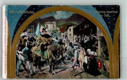Sisikon sign. Stückelberg Tells Apfelschuss in der Tellskapelle Verlag Guggenheim & Co. 13563 Motiv Schweiz Prägedruck