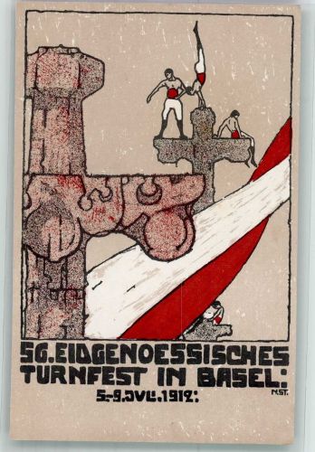 4000 Basel Bâle 1912 Gebrauchsspuren 56. Eisgenöss. Turnfest Nr. 3 sign. Niggi Stöcklin Lithographie