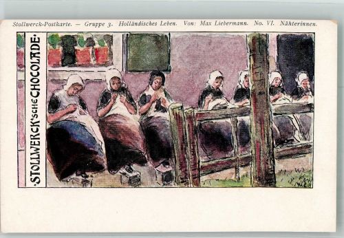 Gruppe 3 Holländisches Leben , Näherinnen von Liebermann, Max Stollwerck Schokolade 1900 Künstlerkarte