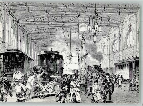 Betrieb in Bahnhalle Bahnhofperiode 1871-1902 Bahnhof Schweiz Künstlerkarte