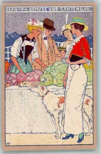 3000 Bern Berne Künstlersteindruck Landes Ausstellung 1914 Gemüse- und Gartenbau Dame mit einem Windhund