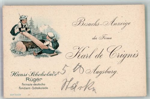 W8900 Augsburg , Bay Hansi Schokolade Rüger - Vertreter Besuchs-Anzeige Schokolade 1900 Lithographie