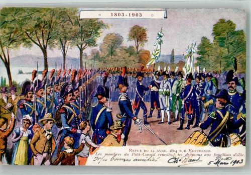 Lausanne Losanna 100. Jubiläum d. Kanton Waardt14.4.1804 a.d. Montbenon Elitebataillon Militär Schweiz 1903 Künstlerkarte
